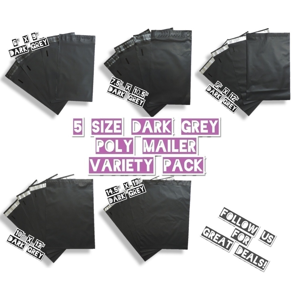 100 Dark Grey Poly Mailer Mix Size Bundle (20 ea)